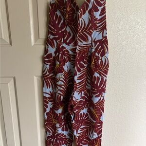 Burgundy Tropical Leaf Print Sleeveless Jumpsuit